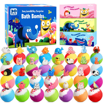 30 Pack Bath Bombs for Kids with Toys Inside, Kid Bath Bombs Gift Set with 30 Sea & Land & Sky Animal Surprise Toys, Stocking Stuffers for Kids Boys Girls, Christmas Gift, Natural Bubble Bath Fizzy