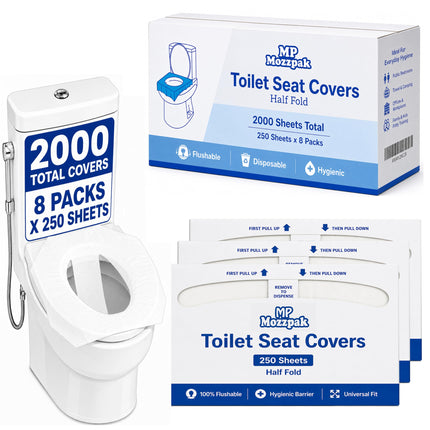 MP MOZZPAK Toilet Seat Covers Disposable Flushable – 2000 Sheets (8 Packs of 250) | Flushable Half-Fold Paper Liners | Hygienic Protection for Public Restrooms, Travel, Hotels, Kids Potty Training