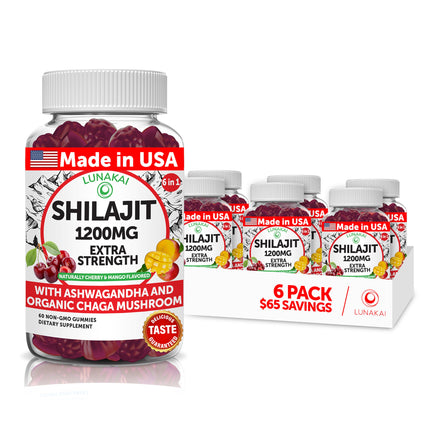 Lunakai USA Made 1200mg Pure Himalayan Shilajit Gummies for Men & Women with Ashwagandha & Chaga – Supplement for Daily Energy & Vitality Support - 6 Pack