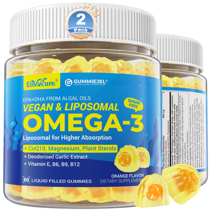 Omega-3 Gummies + CoQ10+ Magnesium- EPA 600mg & DHA 400mg, Fish Oil Omega 3 Supplements Alternative for Women Men Adults, from Vegan Algae Oil, Liposomal Form, Plant Sterols, Garlic, Sugar Free, 2Pack
