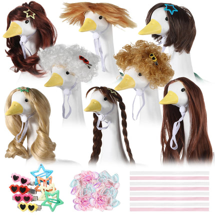 OBUSATT 8 Pcs Porch Goose Wigs Set Cute Lawn Statue Braid Wig with Hair Clips, Hair Ties, Ribbons Porch Goose Outfit Costume DIY Wigs Accessories for Outdoor Garden Patio Yard Goosey Decoration