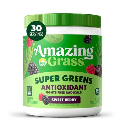 Amazing Grass Super Greens Powder Antioxidant, Organic Greens Blend Powder Superfood, Smoothie Mix with Vitamin C and Vitamin K, Sweet Berry, 30 Servings, 7.4 Ounce (Packaging May Vary)