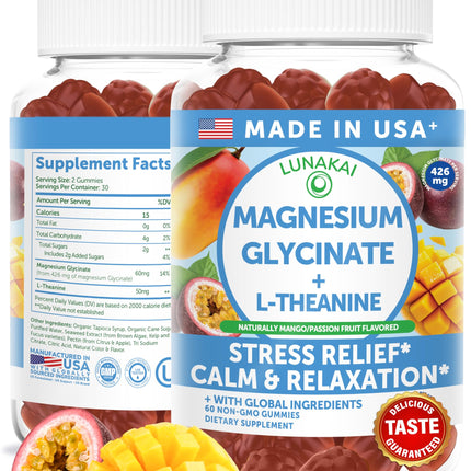 Lunakai USA Made Magnesium Glycinate Gummies with L-Theanine for Kids & Adults – 420mg Magnesium Supplement for Calm, Sleep & Stress Support, 60ct