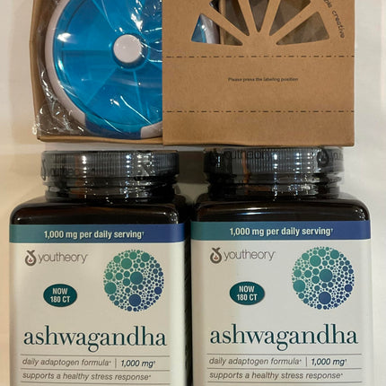 Youtheory Ashwagandha 1000mg with KSM-66 - Helps Support a Healthy Stress Response,180 Capsules (Pack of 2) and Pill Orgnizer Bundles