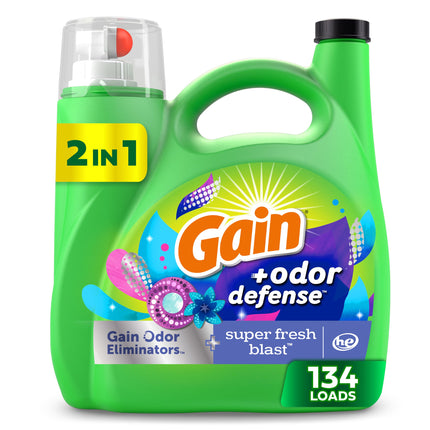 Gain Odor Defense Liquid Laundry Detergent, Super Fresh Blast Scent, 194 fl oz, 134 Loads, 2 in 1, Laundry Detergent Liquid Soap, HE Compatible