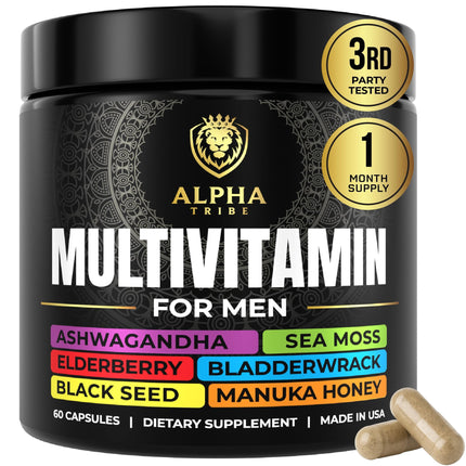 Alpha Tribe Multivitamin for Men with Seamoss Black Seed Oil Ashwagandha Burdock Root, Turmeric Bladderwrack, Vitamin C, Elderberry, Manuka, Yellow Dock | Daily Men's Vitamins and Minerals Supplement