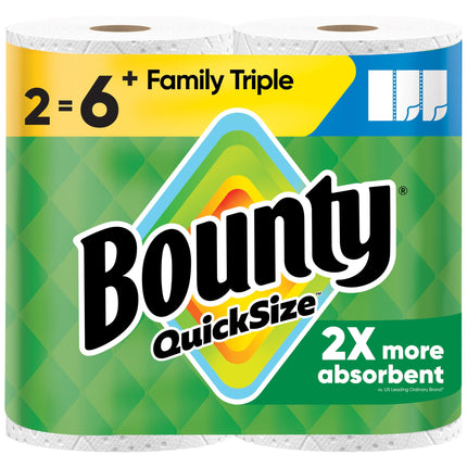 Bounty Paper Towels Quick Size, White, 2 Family Triple Rolls = 6+ Regular Rolls