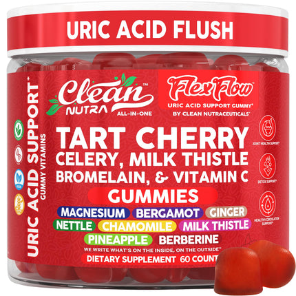 Clean Nutra Tart Cherry Gummies Uric Acid Flush Celery Milk Thistle Bromelain Vitamin C Magnesium Citrus Bergamot Ginger Stinging Nettle Leaf Chamomile Berberine Quercetin Support 60 Gummy Vitamins