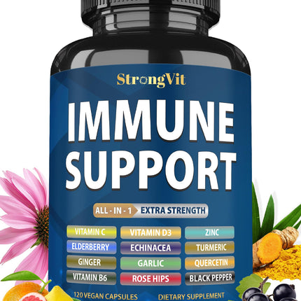 StrongVit Immune Support Supplement 12 in 1 Complex with Vitamin C, D3, Zinc, Echinacea, Elderberry, Ginger, Turmeric. Immune Defend for Men & Women, Non-GMO, Gluten-Free, Vegan, USA (120 Capsules)