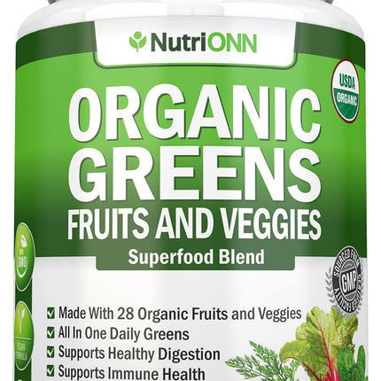 Organic Super Greens Capsules - Fruit And Vegetable Supplements - 120 Count - 28 USDA Organic & Vegan Premium Ingredients - Superfood Blend For Immune Health, Digestion & Energy - Whole Food Vitamins