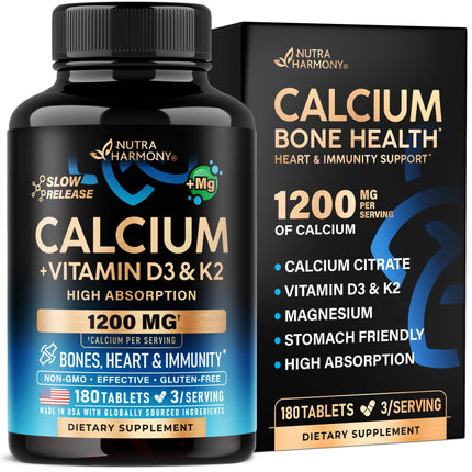 Calcium 1200 mg with Vitamin D3 - Calcium Citrate Supplements for Women & Men - Bone Health, Strength & Density - High Absorption & Slow Release - Lab Tested - 180 Tablets, 60 Days Supply