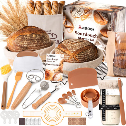Astercook Sourdough Starter Kit with Round & Oval Banneton Bread Proofing Basket, Starter Jar, Dough Whisk, Scrapers, Stencils, Complete Sourdough Bread Baking Supplies, Fathers Day Gift for Men