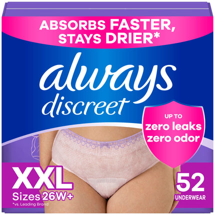 Always Discreet Adult Diapers for Women, Incontinence Underwear, Postpartum Essentials, Disposable Briefs, Max Absorbency, Bladder Leak Protection, 2XL / XXL, 52ct