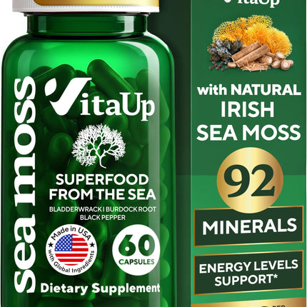 VitaUp Wildcrafted Irish Sea Moss Capsules with Burdock Root & Bladderwrack - USA Made Sea Moss Advanced for Hair, Skin, Immune & Energy Levels Support - SeaMoss Pills - 60 Vegan Capsules
