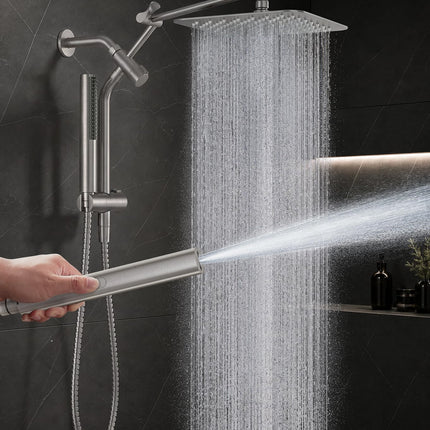 Veken All Metal 10" Brushed Nickel Shower Head with Handheld, Luxurious Square Double Rain Shower Heads with Power-wash Hand Held, Dual High Pressure Detachable Rainfall Showerhead,Bathroom Upgrade