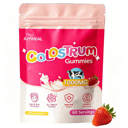 JUYIHEAL Core Bovine Colostrum Gummies, 1g Per Serving Grass Fed Colostrum Chews Colostrum Supplement for Gut Health, Hair Growth, Beauty, and Immune Support, Strawberry Flavor 60 Servings