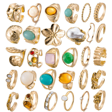 Mixcbe 30 Pcs Gold Crystal Stacks Ring Sets for Women Chunky Gemstone Knuckle Rings Boho Flower Statement Joint Finger Rings Pack for Jewelry Gift