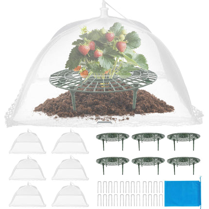 COZYDIG 4 Sets Strawberry Plant Support with Mesh Plant Cover,Strawberry Growing Racks Sets with Iron Plant Nails and Storage Bag for Garden Strawberry Vegetables(White Net - Round)