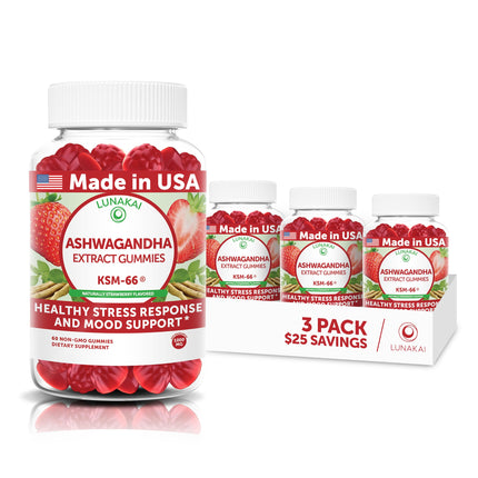 Lunakai USA Made KSM-66 Ashwagandha Gummies for Women & Men – Daily Vegan Supplement for Stress, Mood & Sleep Support – 3 Pack
