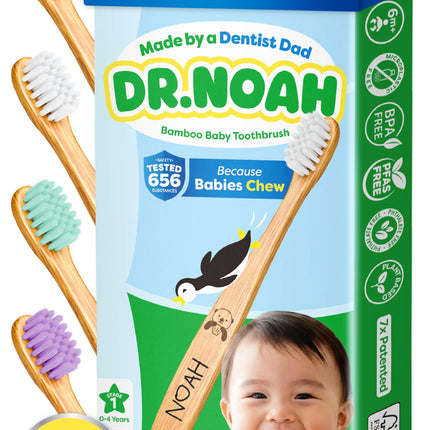 Dr. Noah Microplastic-Free Bamboo Baby Toothbrush | Dentist Designed | 656 Substances Safety Tested | BPA, PFAS & Phthalate Free | 4 Pack |Soft Bristles | Infant to Toddler, 6-12 Months, Age 2-4 Kids