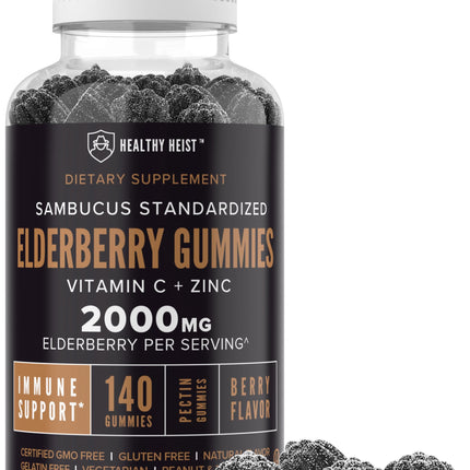 Sambucus Black Elderberry Gummies with Zinc and Vitamin C by Healthy Heist, 140 Gummies, Chewable Immune Support for Adults and Kids, Non GMO, Kosher, Pectin, Vegan, Delicious Berry Flavor
