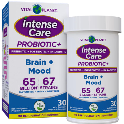 Vital Planet - Intense Care Brain & Mood Probiotics, Organic Prebiotics, Postbiotics, Parabiotics, Complete 4-in-1 Health Supplement for Adults, 65 Billion CFU, 67 Strains, Digestive and Immune 30 ct