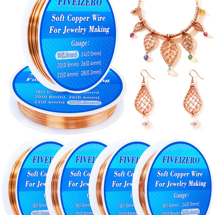 FIVEIZERO 6 Rolls 6 Size Jewelry Making Copper Wire Kit - 18/20/22/24/26/28 Gauge Pure Dead Soft Bare Copper Wire for Electroculture Gardening, Crafting, Beading, Sculpting