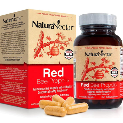 NaturaNectar - Red Bee Propolis Capsules - NSF Contents Certified Premium Brazilian Propolis - Gluten-Free Supplements with More Diverse Flavonoids & PWE - Sourced Through Ethical Beekeeping (60pcs.)