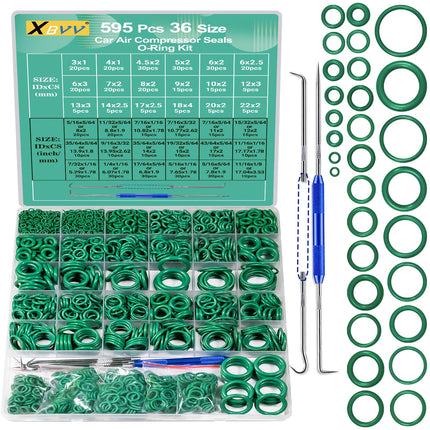 XBVV 595 Pcs Metric and SAE Air Conditioning O-Ring Kit for Automotive A/C, Compressor and Professional Faucet Plumbing Seal O Rings Repair with O-Ring Picks,Resist Oil and Heat