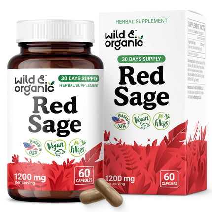 Wild & Organic Red Sage Capsules - 1200 mg Dan Shen Supplement for Antioxidant Support - Salvia Miltiorrhiza Root - 30 Days of Supply - 60 Vegan Capsules - Non-GMO, Gluten-Free, No Fillers
