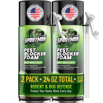 Sprayman Pest Block Spray Foam - (2x12oz) 100% Odor-Free! Mouse - Rodent Repellent & Strong Polyurethane Mouse Blocker Foam Sealant Use Wall Foam Filler for Holes and Cracks, Over Paintable- 2 Pack