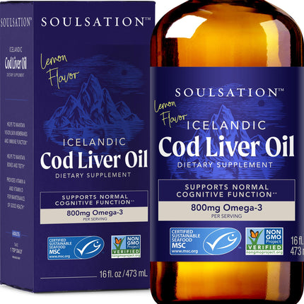 SOULSATION Icelandic Cod Liver Oil Liquid, Lemon (16oz) - Vitamins A & D, EPA & DHA - Helps Vision, Skin Membranes & Immune Function - MSC Certified, Non-GMO