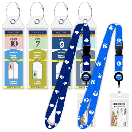 Cruise On Royal Caribbean Luggage Tag Holders (4 Pack) & Lanyards (2 Pack) – Large, Clear, Waterproof Cruise Essentials 2026-2027 – Secure Ship Tags & Cards (Royal & Navy Blue)