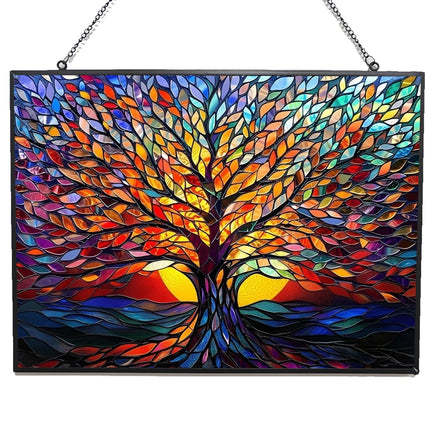 HYPESTYLE Rectangle Tree of Life Stained Glass Window Hanging Window Suncatcher Glass Panel with Metal Chain Sun Catchers Wall Art Home Decor Gift for Women Mother's Day