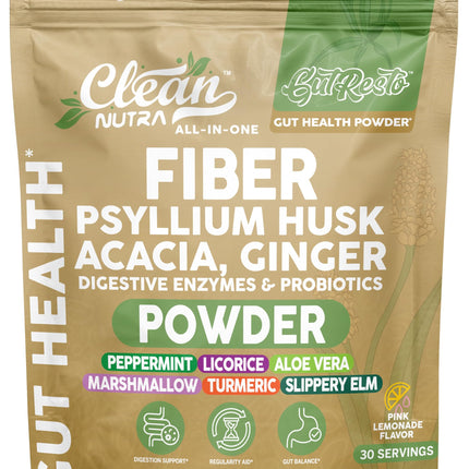 GutResto Fiber Supplement Psyllium Husk Powder Probiotic Gut Health Digestive Enzymes Prebiotic L-Glutamine Slippery Elm Aloe Vera Marshmallow Root Turmeric Ginger Peppermint by Clean Nutra 30 Svgs