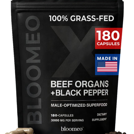 Bloomeo Beef Organ Supplement for Men | 100% Grass Fed Beef Liver Capsules with Bull Testicle, Prostate, Bone Marrow & More X: Ancestral Superfoods for Vital Energy, Immunity & Men’s Health, 180 ct