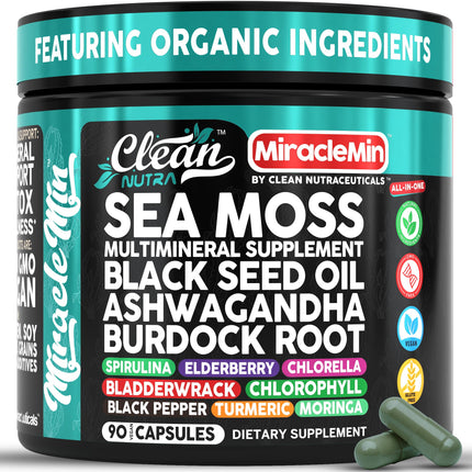 Clean Nutra Organic Sea Moss Capsules with Ashwagandha, Black Seed Oil, Burdock Root, Bladderwrack, Moringa, Chlorella, Spirulina, Turmeric, Elderberry, Amla  90 Vegan Capsules  MiracleMin