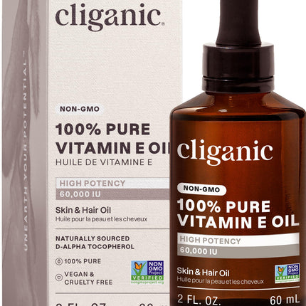 Cliganic Pure Vitamin E Oil for Skin, Scars, Hair & Face - 60,000 IU, Non-GMO Verified | Natural D-Alpha Tocopherol