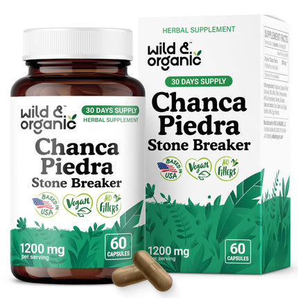 Wild & Organic Chanca Piedra Stone Breaker Capsules 1200 mg - Natural Kidney & Gallbladder Supplement - Phyllanthus Niruri Leaf Powder - Vegan, No Fillers, Non-GMO - 60 Count