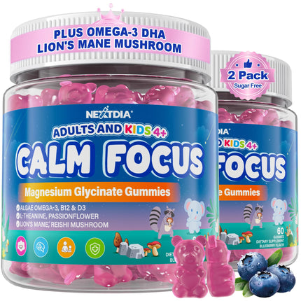 Focus Gummies for Kids & Adults, w/Magnesium Glycinate + Omega-3 DHA/EPA, Lion's Mane, Vitamins D3 & B12, Calm Magnesium Glycinate Gummies for Kids Relax, Sleep, Attention and Concentration, 120Cts