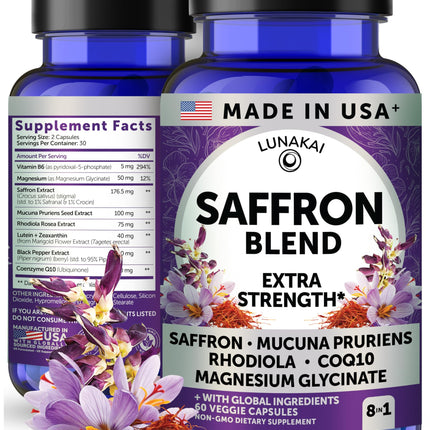 Lunakai USA Made Saffron Supplements for Women & Men 176mg – 8-in-1 Saffron Extract Capsules with Rhodiola & Mucuna for Daily Mood, Focus & Eye Support, Non-GMO, 60ct