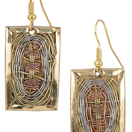 SPUNKYsoul Maya Mixed Metal Basket Weave Rectangle Dangle Earrings for Women, Lightweight Handmade Artisan Boho Statement Earrings, Copper Silver Gold Tone Jewelry Gift