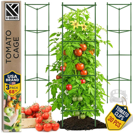 K-Brands Tomato Cage - Tomatoes Plant Stakes Support Cages Trellis for Garden and Pots (3 Pack - Extra Tall Upto 68 inches)