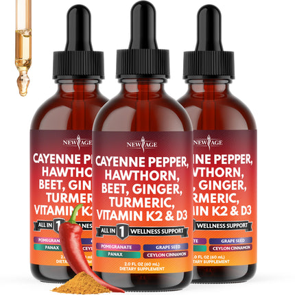 Cayenne Pepper Supplement Liquid Drops + Hawthorn Berry, Vitamin D3 K2 Beet Root Powder, Ceylon Cinnamon, Turmeric Curcumin, Organic Panax Ginseng - 6oz