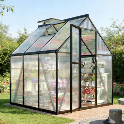 6x6 FT Greenhouse for Outdoors, Polycarbonate Greenhouse with Quick Setup Structure and Roof Vent, Aluminum Large Walk-in Green House for Outside Garden Backyard, Dark Gray