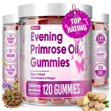 FloraBliss 120 Evening Primrose Oil Gummies | 1500mg | with Black Cohosh, Chasteberry, Ginger Extract for Daily Women's Wellness Support | Vegan, Non-GMO, Sugar-Free