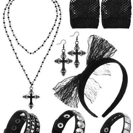 Ecation 7 Pcs 80s Women Costume Accessories Halloween Leather Punk Bracelet Black Cross Necklace Lace Headband Fishnet Glove(Classic Style)
