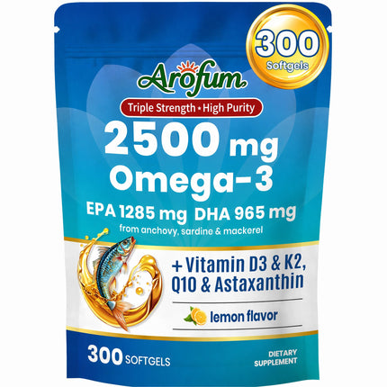 Omega 3 Fish Oil with Vitamin D3 K2 – 300 Lemon Flavored Burpless Softgels | High EPA & DHA rTG Formula with CoQ10 & Astaxanthin | Gluten-Free, Non-GMO