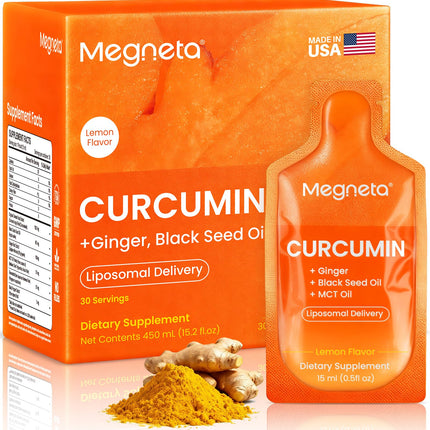 Liposomal Turmeric Curcumin Ginger Liquid Supplement– Maximum Absorption with Black Seed Oil, MCT& Resveratrol – Extra Strength for Joint & Inflammation Support, Antioxidant & Cellular Health-30 Pouch