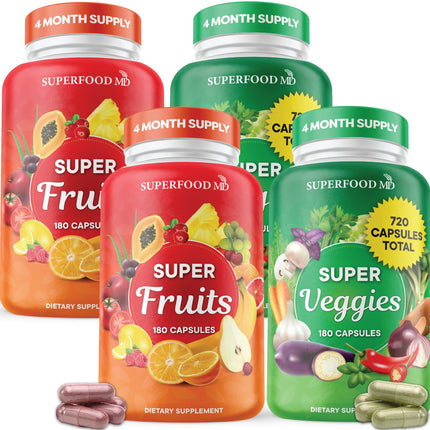 Superfood Fruit and Veggie Supplement - Fruit and Veggie Capsules 100% Whole Super Fruits and Super Vegetables Supplements & Vitamins, with Beta Carotene (720 Count (Pack of 4))